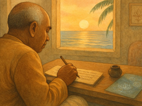 Srila Bhaktivinoda Thakura schreibt an seinem Bhakti Tattva Viveka in seinem Kutir in Sri Jagannath Puri
