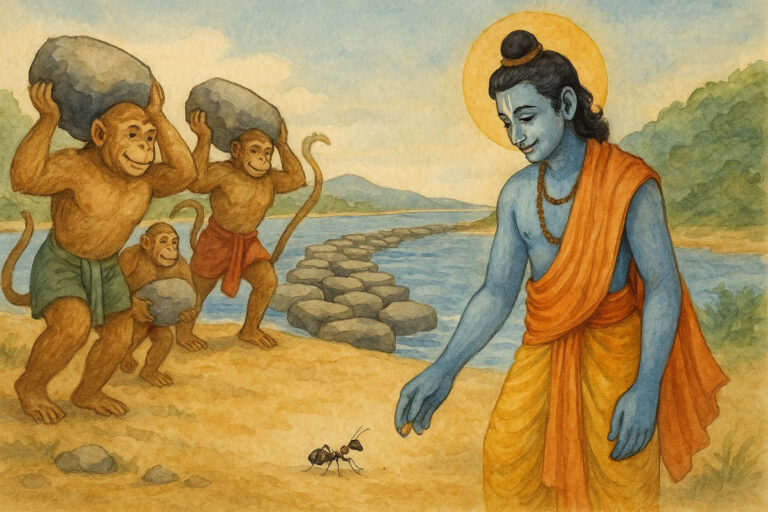 Sri Ramacandra baut die Brücke nach Lanka - lerne über göttliche Eigenschaften aus der Bhagavad Gita