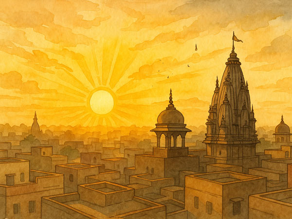 Blick über die Dächer Mathuras von der Sri Keshavji Gaudiya Math Februar 2004